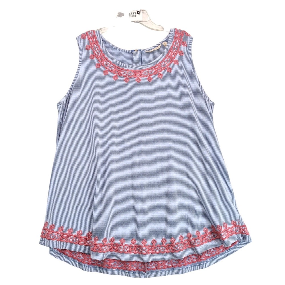 Soft Surroundings Blue Striped Tunic Tank Top Plus Size 1X Geometric Embroidery